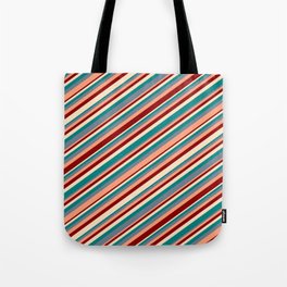 [ Thumbnail: Eye-catching Bisque, Teal, Slate Gray, Light Salmon & Dark Red Colored Stripes Pattern Tote Bag ]