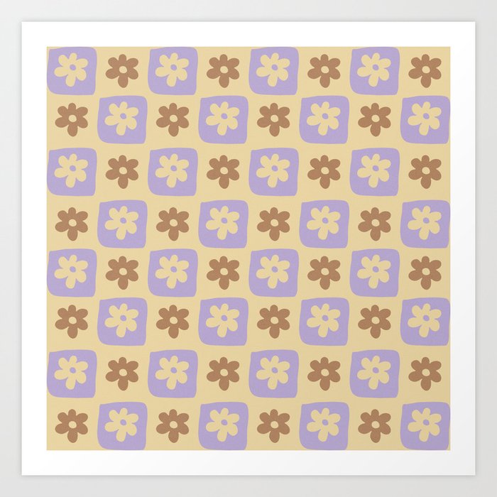 Hand-Drawn Checkered Flower Shapes Pattern Art Print