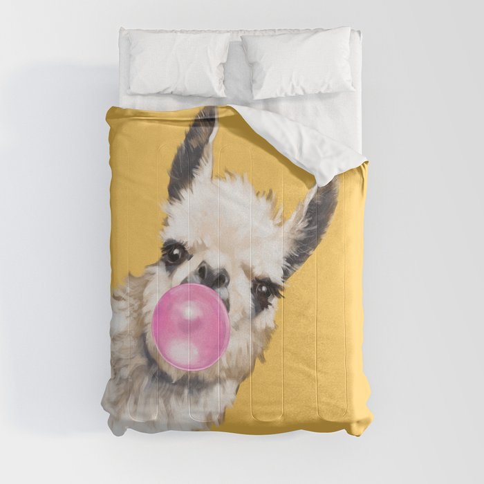 Bubble Gum Sneaky Llama in Yellow Comforter