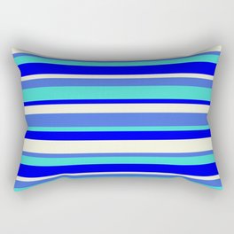 [ Thumbnail: Royal Blue, Turquoise, Blue & Beige Colored Lined Pattern Rectangular Pillow ]