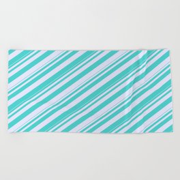 [ Thumbnail: Turquoise & Lavender Colored Lined/Striped Pattern Beach Towel ]