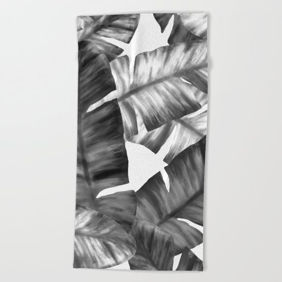 Black And White Tropical Banana Leaves Pattern Beach Towel
