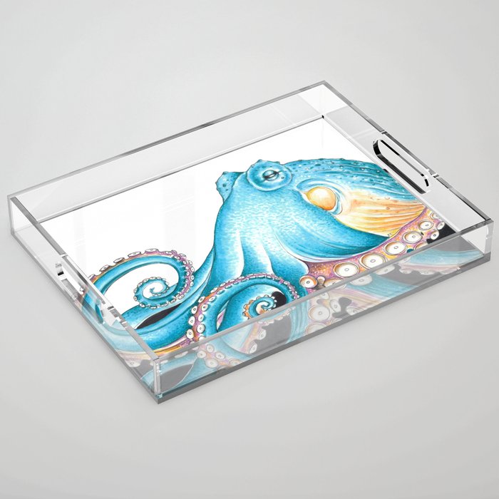Blue Octopus Tentacles on White Nautical Marine Ink Art Acrylic Tray