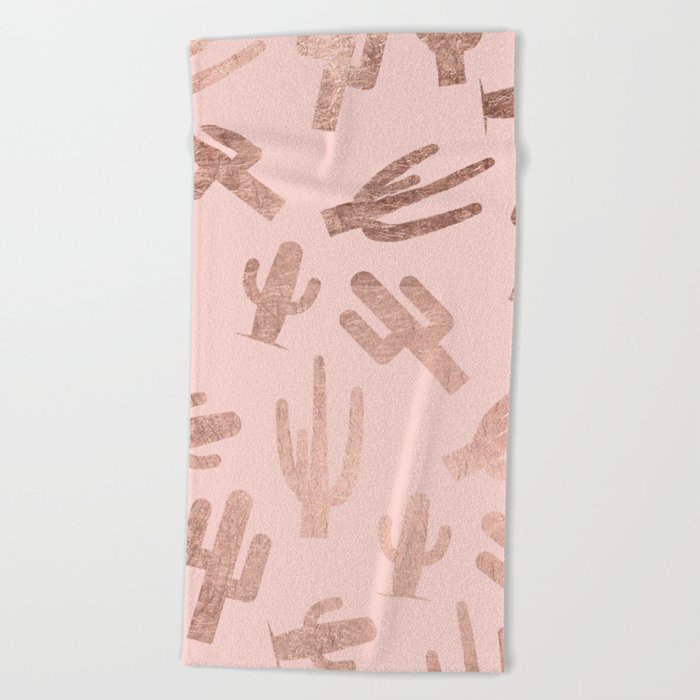 Modern rose gold cactus pattern on blush pink Beach Towel