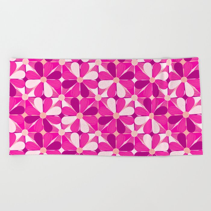 Pink Checkered Daisies Pattern Beach Towel
