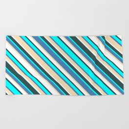[ Thumbnail: Eye-catching Blue, Tan, White, Dark Slate Gray, and Cyan Colored Lined/Striped Pattern Beach Towel ]