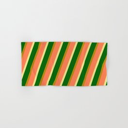 [ Thumbnail: Tan, Dark Green, Dark Goldenrod, and Coral Colored Stripes/Lines Pattern Hand & Bath Towel ]