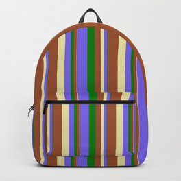 [ Thumbnail: Green, Medium Slate Blue, Pale Goldenrod, and Sienna Colored Striped Pattern Backpack ]
