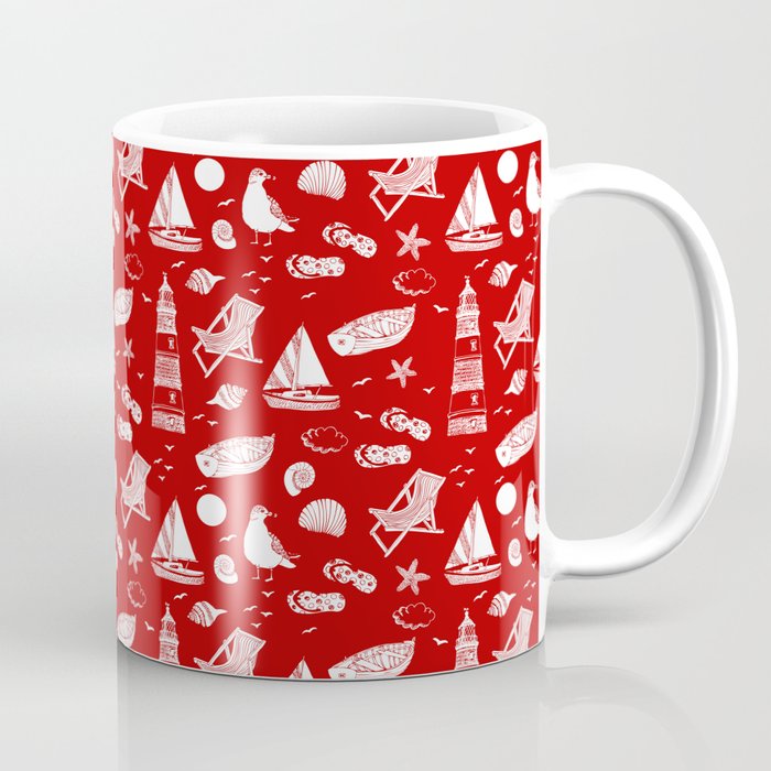 Red And White Summer Beach Elements Pattern Coffee Mug