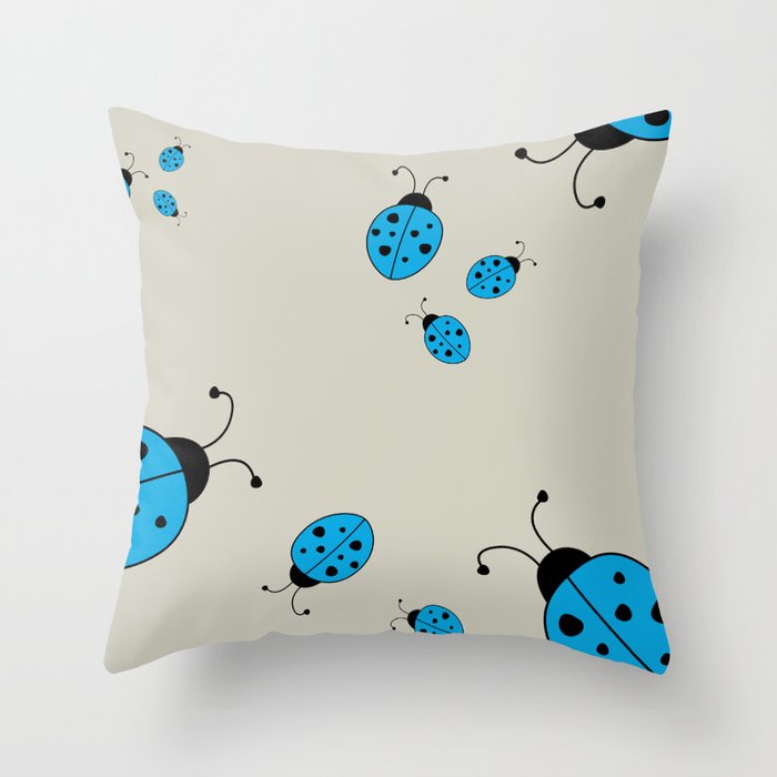 Ladybugs-Beige+Blue Throw Pillow
