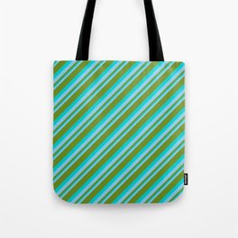 [ Thumbnail: Sky Blue, Green & Dark Turquoise Colored Striped Pattern Tote Bag ]