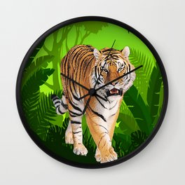 TIGER STROLLING IN GREEN JUNGLE Wall Clock | Tigercups, Tigercurtains, Digital, Tigercomforters, Tigermugs, Acrylic, Ink, Wildlifeart, Tropicalart, Tigerpillows 
