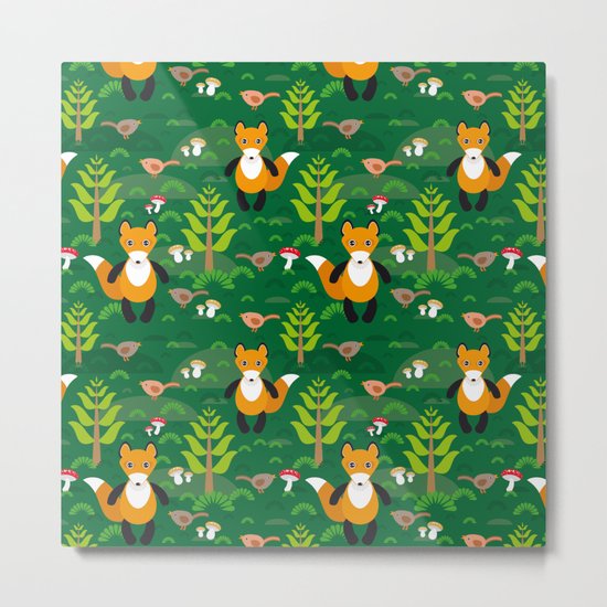 Fox and birds in the forest Metal Print
