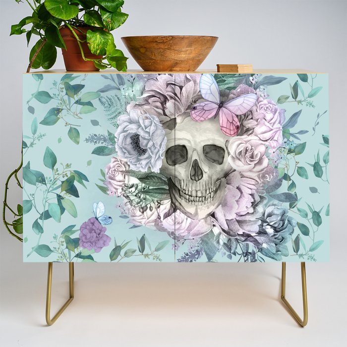 skull butterfly floral credenza cabinet, art by Sherrie Thai of Shaireproductions.com