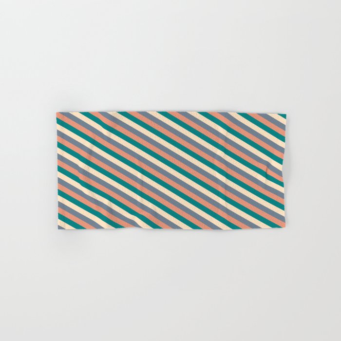 Dark Salmon, Teal, Bisque, and Slate Gray Colored Pattern of Stripes Hand & Bath Towel