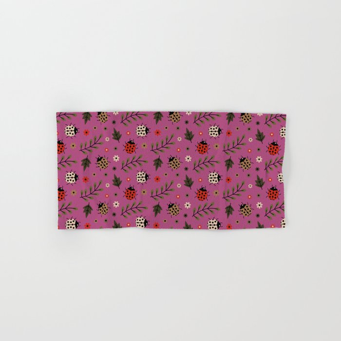Ladybug and Floral Seamless Pattern on Magenta Background Hand & Bath Towel