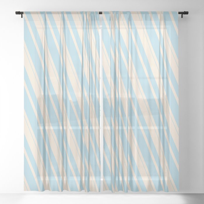 Beige & Light Blue Colored Striped Pattern Sheer Curtain