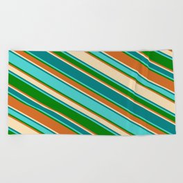 [ Thumbnail: Colorful Tan, Teal, Turquoise, Green, and Chocolate Colored Lines Pattern Beach Towel ]