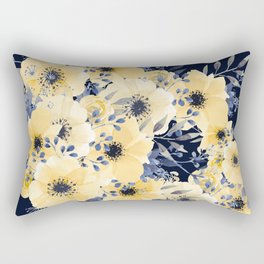 Floral Watercolor Print, Yellow and Navy Blue Rectangular Pillow