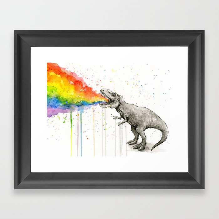 T-Rex Dinosaur Vomits Rainbow Framed Art Print