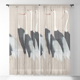 Tokyo Birds on Beige Tan Cream Sheer Curtain