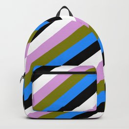 [ Thumbnail: Eye-catching Plum, Green, Blue, Black, and White Colored Stripes Pattern Backpack ]