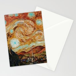 The Starry Night - La Nuit étoilée oil-on-canvas post-impressionist landscape masterpiece painting in alternate earthen gold and blue by Vincent van Gogh Stationery Card