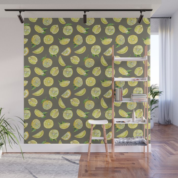 Watercolor seamless pattern on a gray background with lemons Wall Mural