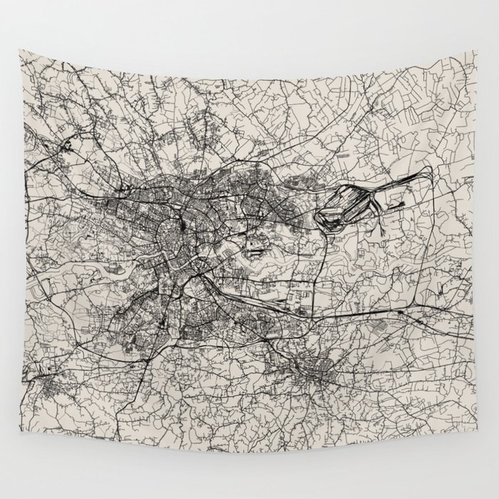 Kraków - Poland - Black and White Map Wall Tapestry