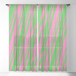 [ Thumbnail: Hot Pink & Lime Green Colored Striped/Lined Pattern Sheer Curtain ]