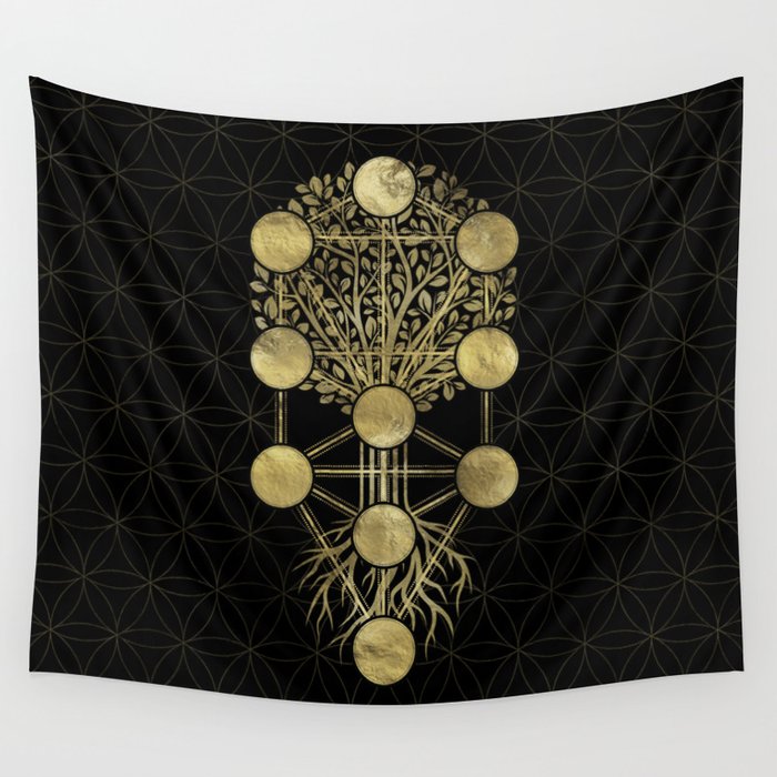 Kabbalah The Tree of Life Gold on Black N2 Wall Tapestry