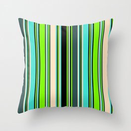 [ Thumbnail: Eyecatching Green, Dark Slate Gray, Bisque, Turquoise, and Black Colored Lined Pattern Throw Pillow ]