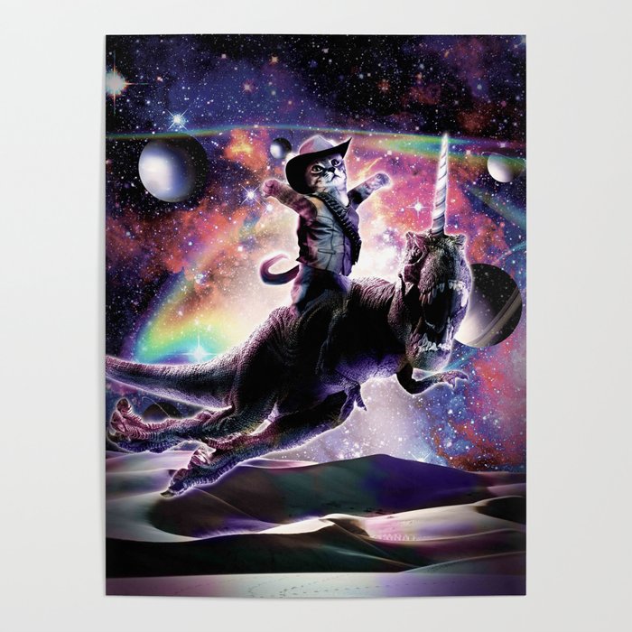 Galaxy Cat On Dinosaur Unicorn In Space Poster