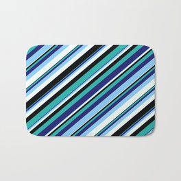 [ Thumbnail: Colorful Light Sea Green, Midnight Blue, Light Sky Blue, Mint Cream & Black Colored Stripes Pattern Bath Mat ]