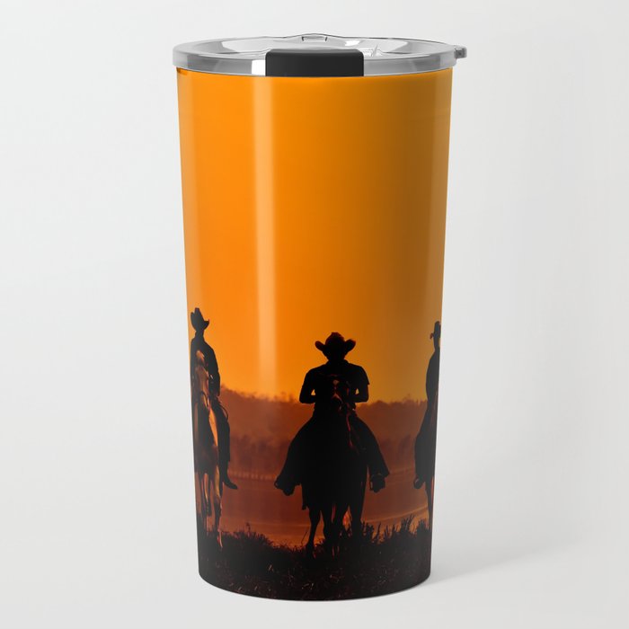 Wild West sunset - Cowboy Men horse riding at sunset Vintage west vintage illustration Travel Mug