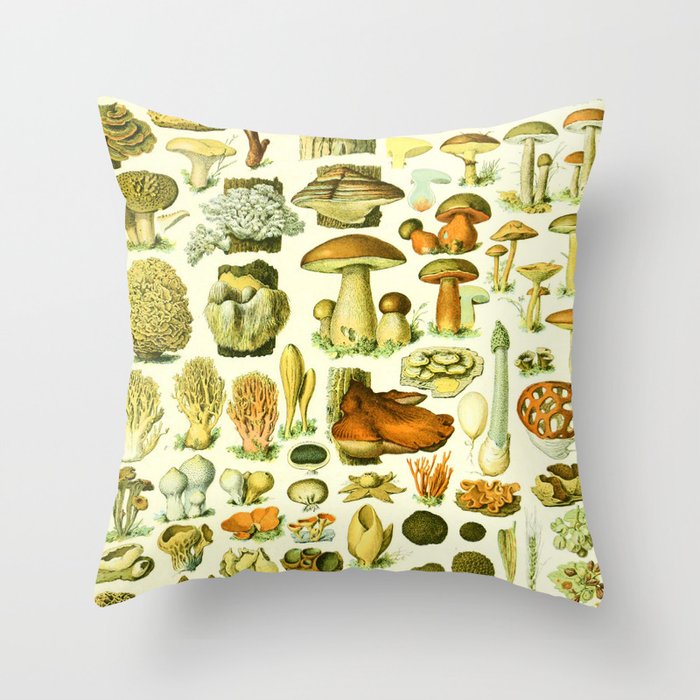 Adolphe Millot "Mushrooms" 1. Throw Pillow