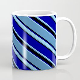 [ Thumbnail: Blue, Black, Dark Blue & Sky Blue Colored Pattern of Stripes Coffee Mug ]