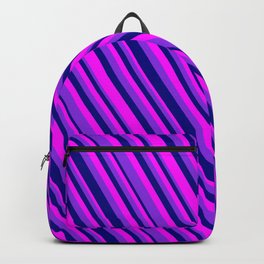 [ Thumbnail: Purple, Blue & Fuchsia Colored Lined Pattern Backpack ]