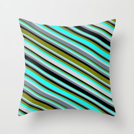 [ Thumbnail: Colorful Black, Green, Aqua, Light Gray, and Slate Gray Colored Stripes/Lines Pattern Throw Pillow ]