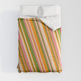 [ Thumbnail: Green, Dark Orange, Bisque, and Light Coral Colored Lines Pattern Comforter ]