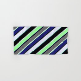 [ Thumbnail: Colorful Dim Gray, Lavender, Green, Midnight Blue & Black Colored Striped/Lined Pattern Hand & Bath Towel ]