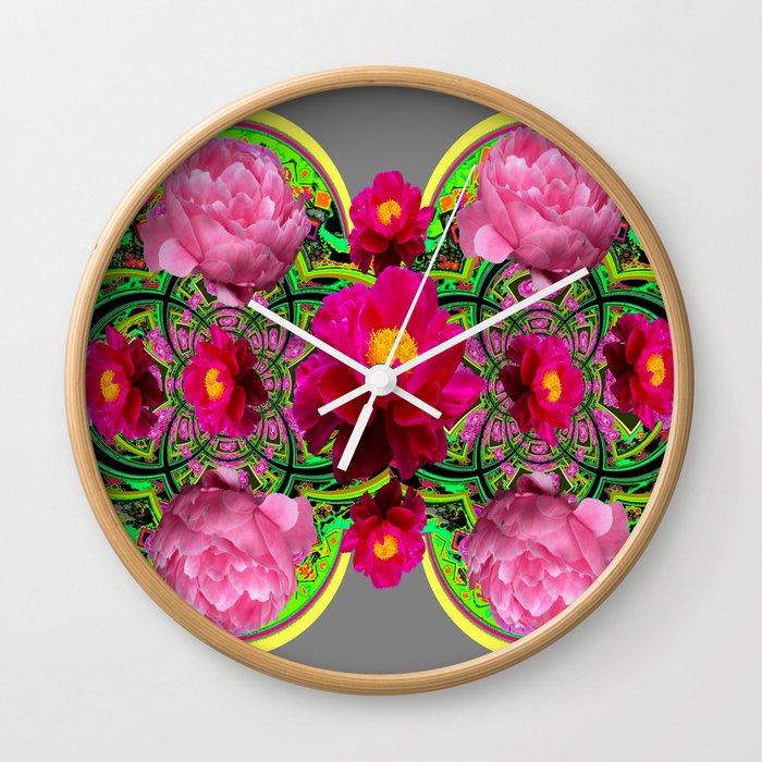 MODERN ART PINK PEONIES GREY ABSTRACT GARDEN Wall Clock