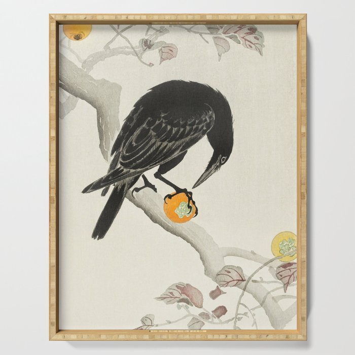 Crow eating persimmon Fruit - Vintage Japanese Woodblock Print Art Serving Tray
