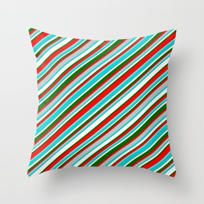 Vibrant Red, Grey, Dark Turquoise, Mint Cream, and Dark Green Colored Striped/Lined Pattern Throw Pillow