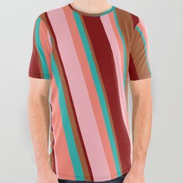 [ Thumbnail: Eye-catching Sienna, Light Sea Green, Salmon, Light Pink, and Maroon Colored Striped Pattern All Over Graphic Tee ]