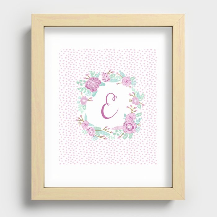 Monogram E - cute girls purple florals flower wreath, lilac florals, baby girl, baby blanket Recessed Framed Print