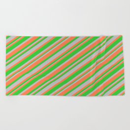 [ Thumbnail: Coral, Lime Green, and Grey Colored Striped Pattern Beach Towel ]
