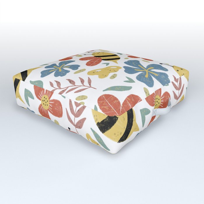 Cute Honey Bees and Flowers Outdoor Floor Cushion