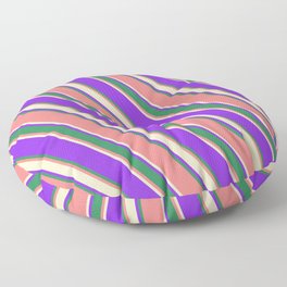 [ Thumbnail: Purple, Sea Green, Light Coral, and Bisque Colored Lined/Striped Pattern Floor Pillow ]
