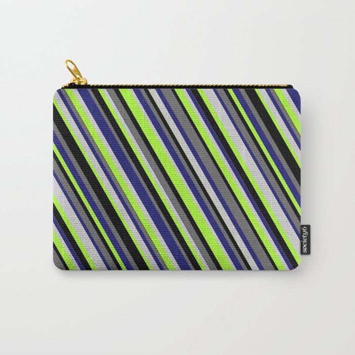 Colorful Midnight Blue, Light Gray, Light Green, Black, and Dim Grey Colored Stripes/Lines Pattern Carry-All Pouch